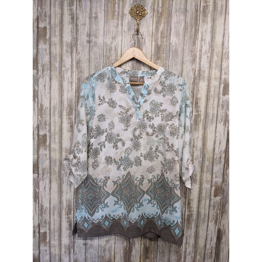 Chico's Size 1 / Medium White Teal Floral 3/4 Sleeve Tunic V-Neck Top Side Slits